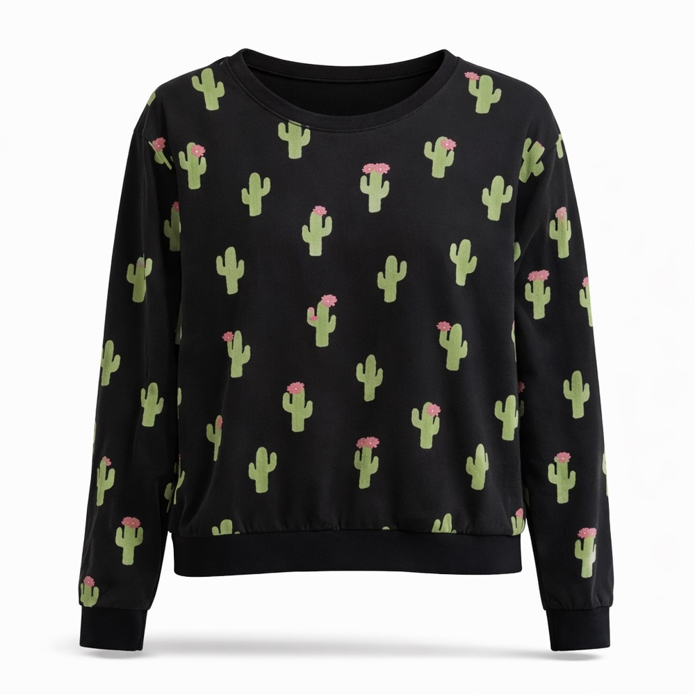 Cactus Print Graphic Sweatshirt Black Crewneck Pullover Women’s Small